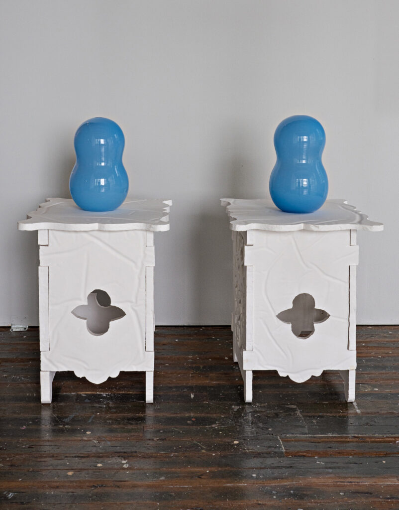 SKY BLUE HULU VASES ON CAST PLASTER TABLES  | 33880